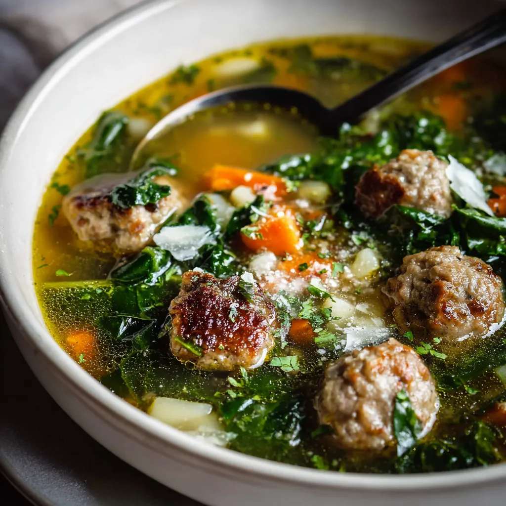 Bowl of Italian Wedding Soup with meatballs, pasta, and spinach garnished with Parmesan and parsley.