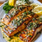 Pan-seared salmon fillets in lemon garlic butter sauce with fresh parsley and lemon slices