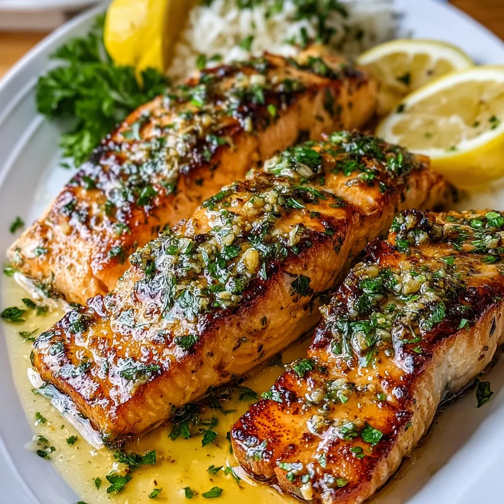 Pan-seared salmon fillets in lemon garlic butter sauce with fresh parsley and lemon slices