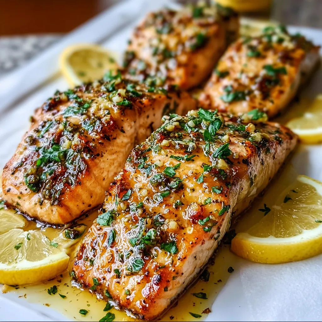 Pan-seared salmon fillets in lemon garlic butter sauce with fresh parsley and lemon slices