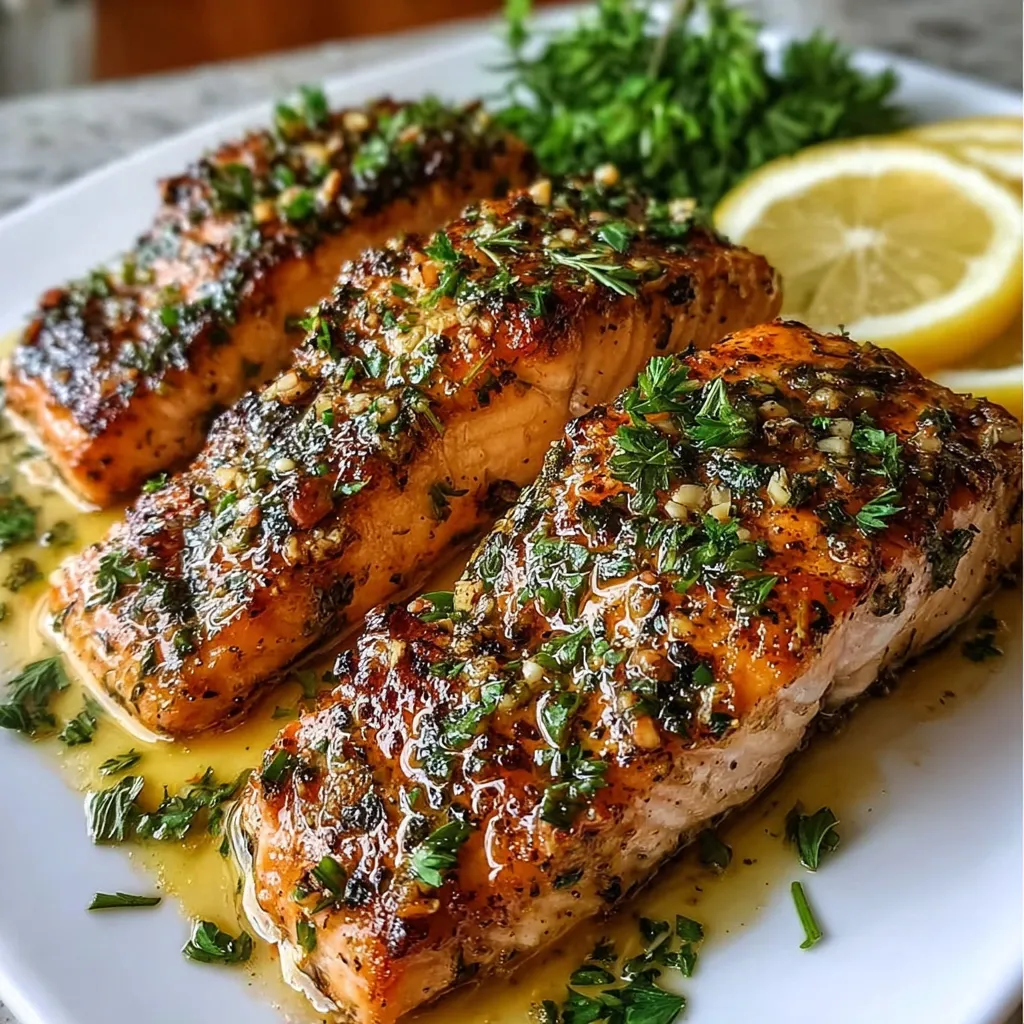 Pan-seared salmon fillets in lemon garlic butter sauce with fresh parsley and lemon slices
