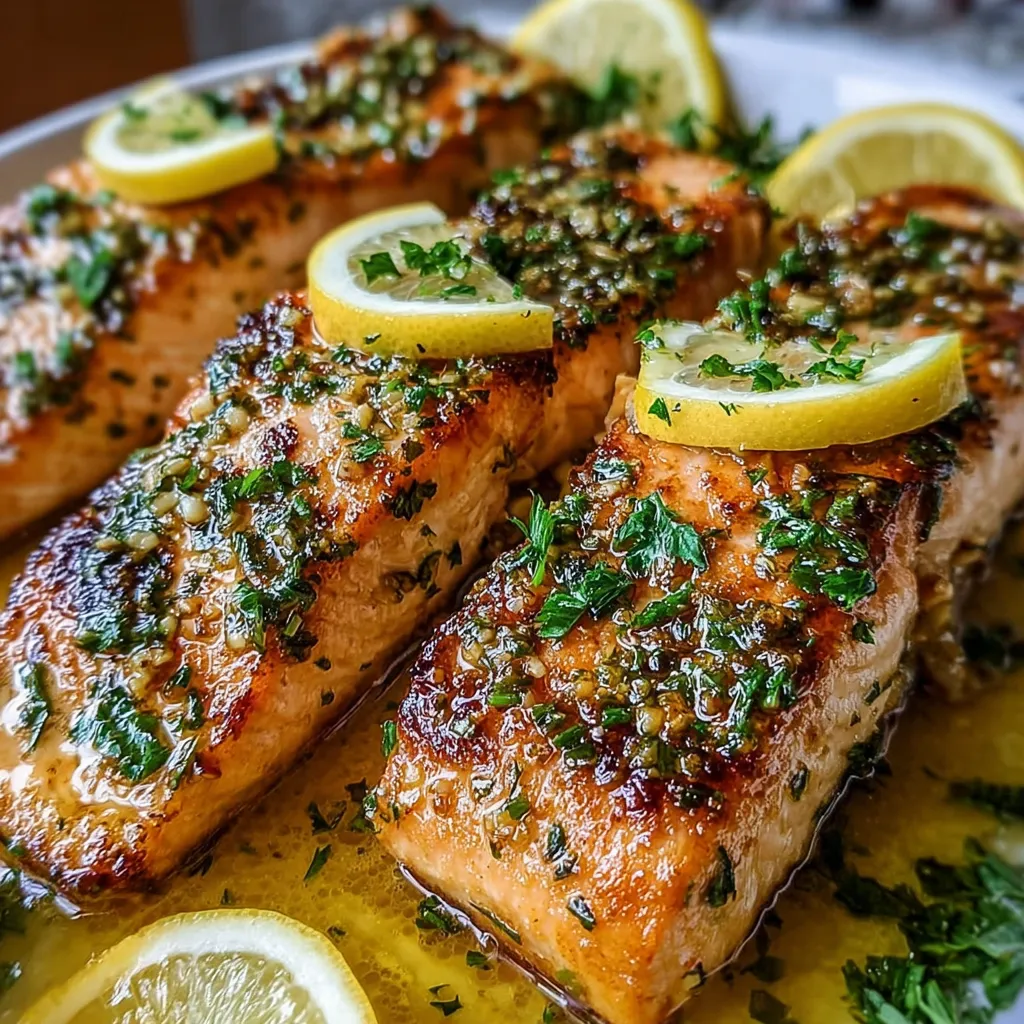 Pan-seared salmon fillets in lemon garlic butter sauce with fresh parsley and lemon slices
