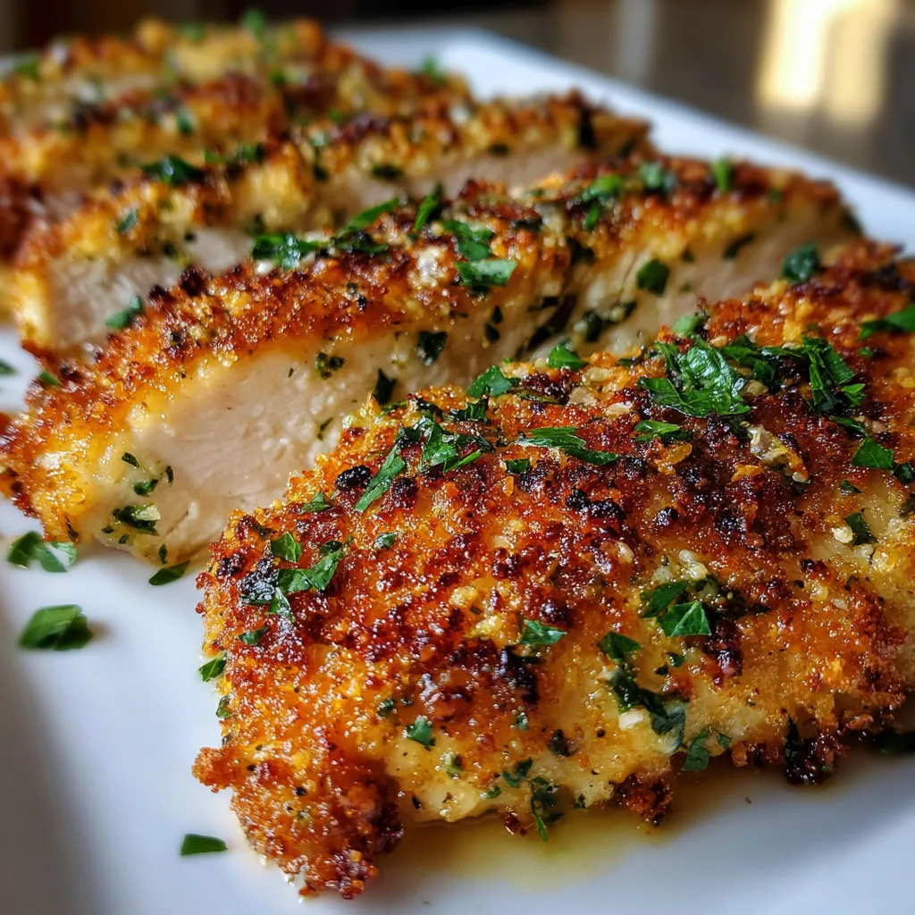Crispy Longhorn Garlic Parmesan Crusted Chicken fresh out of the oven on a baking tray.