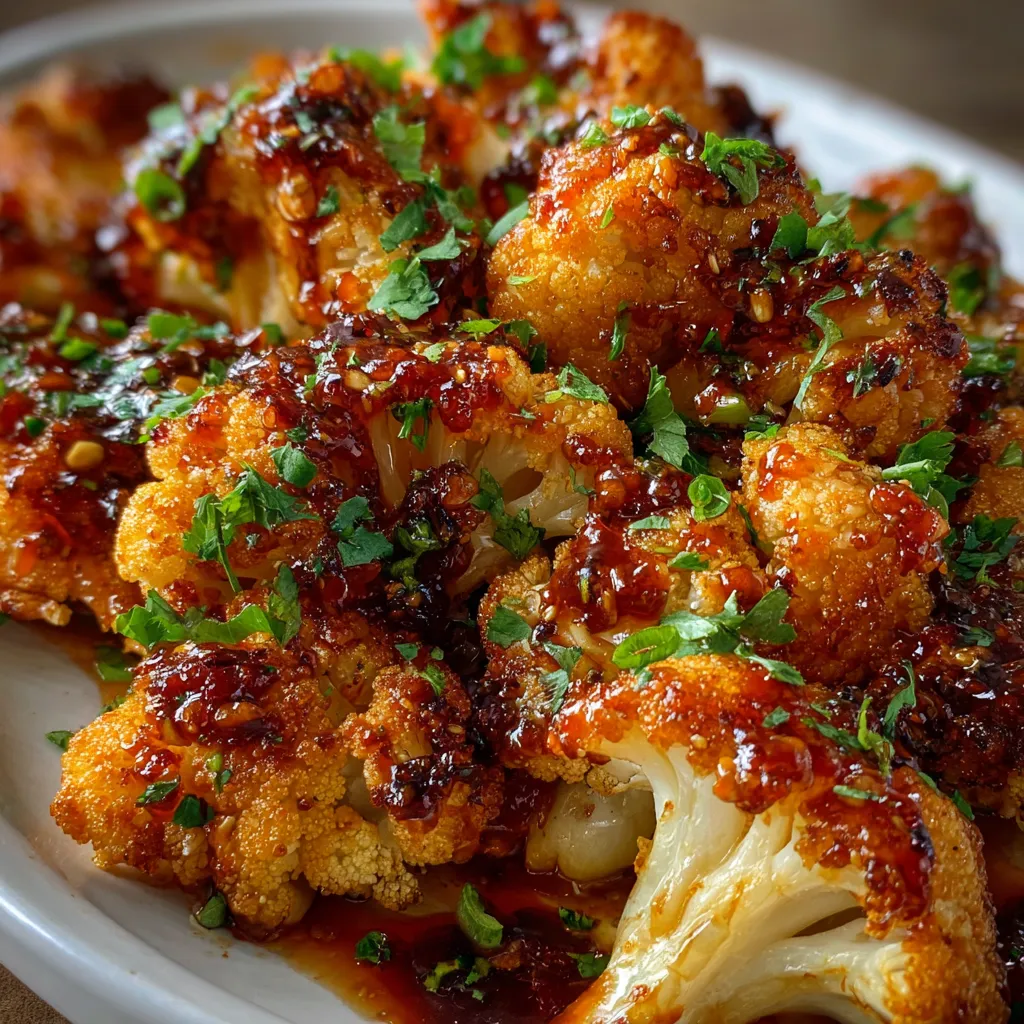 Roasted cauliflower florets coated in maple sriracha glaze on a baking sheet