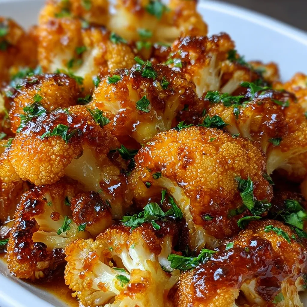 Roasted cauliflower florets coated in maple sriracha glaze on a baking sheet