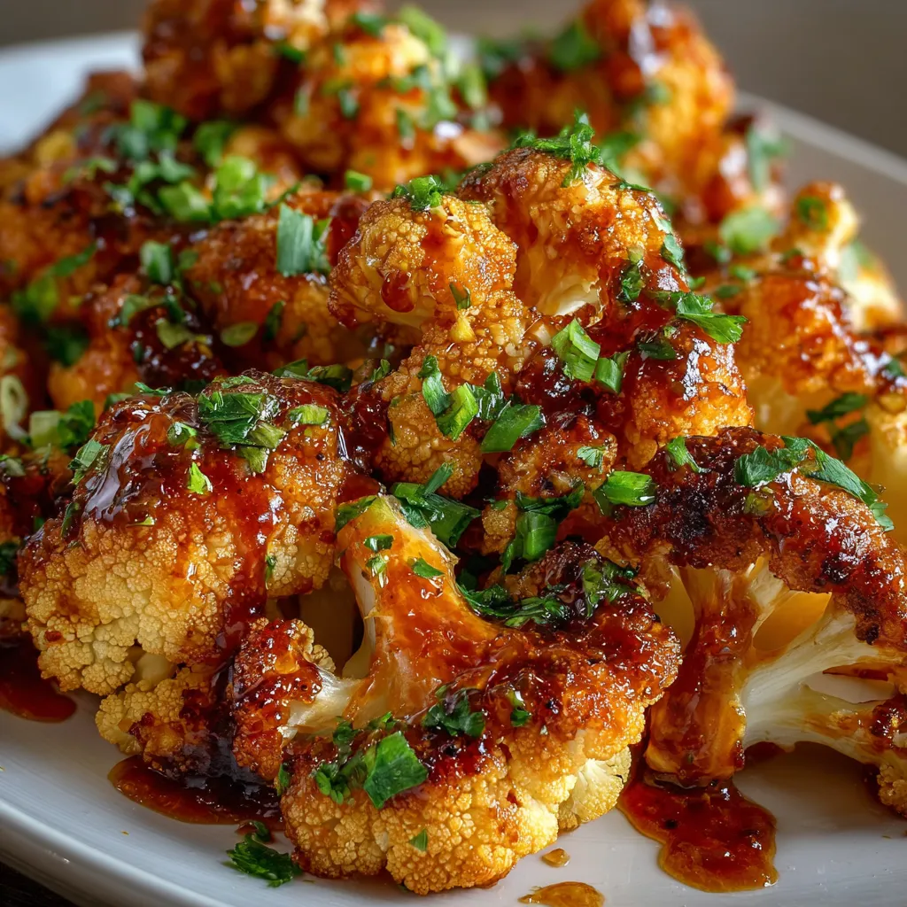 Roasted cauliflower florets coated in maple sriracha glaze on a baking sheet