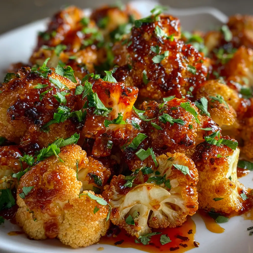 Roasted cauliflower florets coated in maple sriracha glaze on a baking sheet