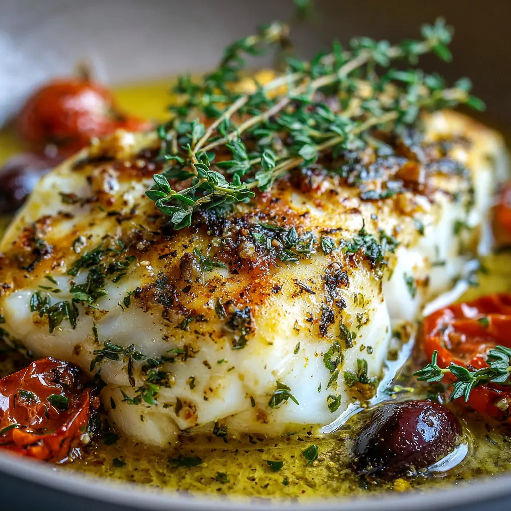 Baked haddock fillet with cherry tomatoes and red onions in a Mediterranean garlic-thyme sauce