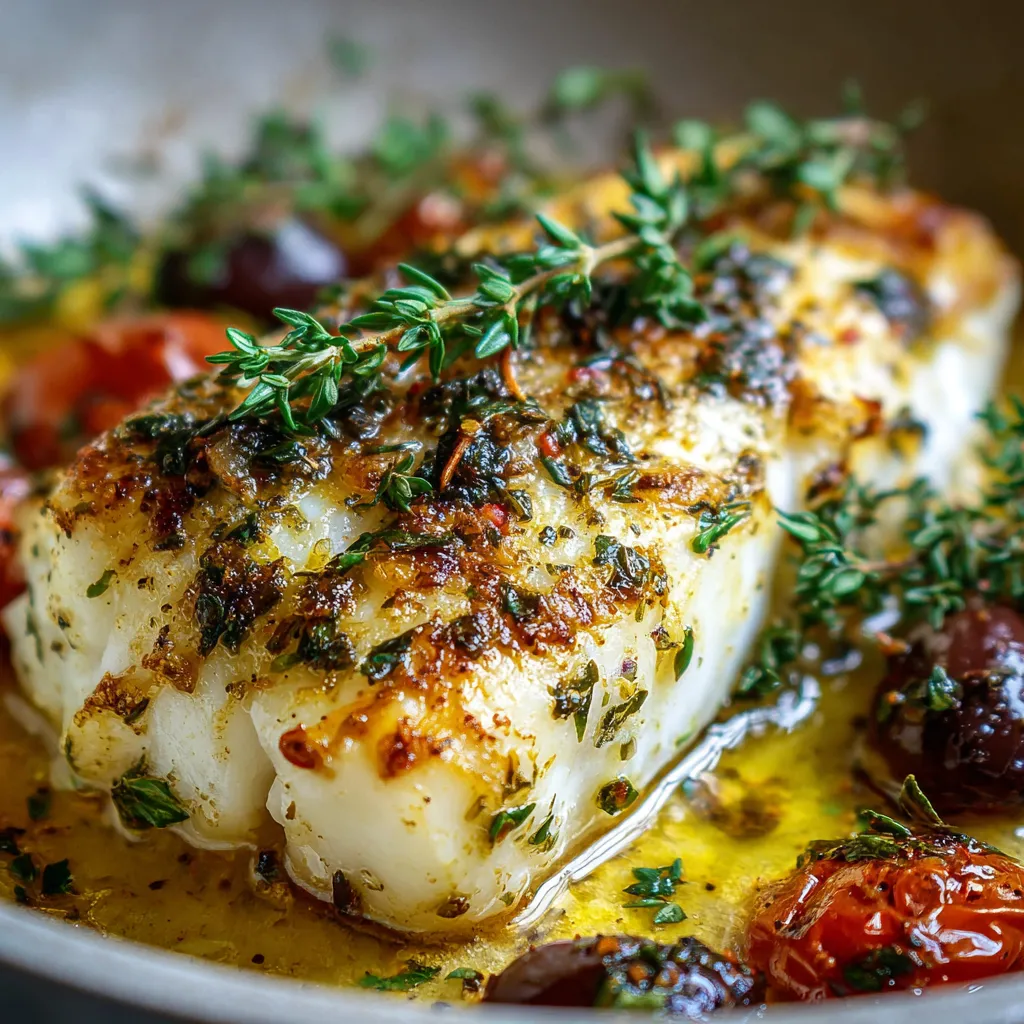 Baked haddock fillet with cherry tomatoes and red onions in a Mediterranean garlic-thyme sauce