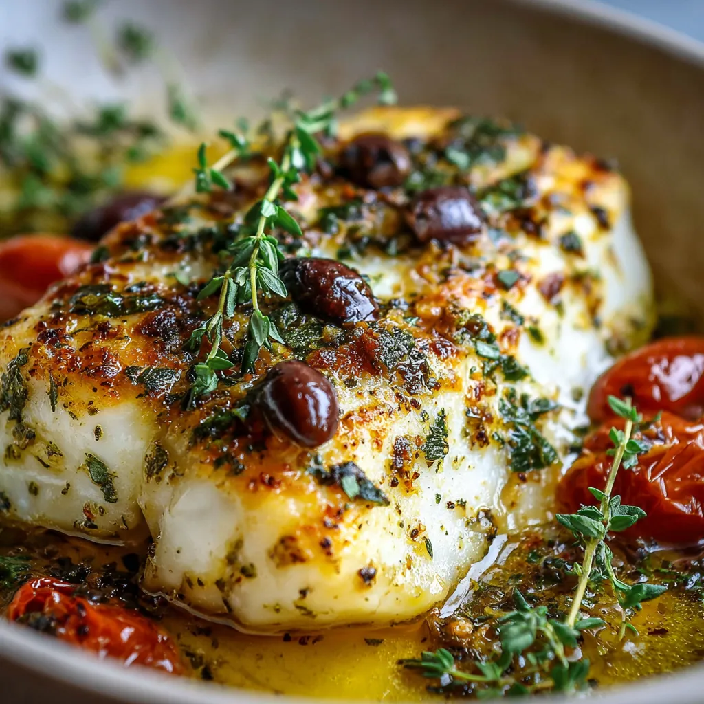 Baked haddock fillet with cherry tomatoes and red onions in a Mediterranean garlic-thyme sauce