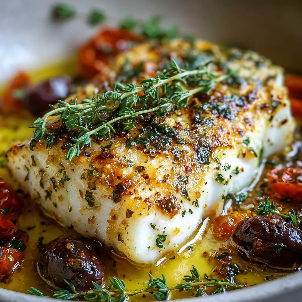 Baked haddock fillet with cherry tomatoes and red onions in a Mediterranean garlic-thyme sauce