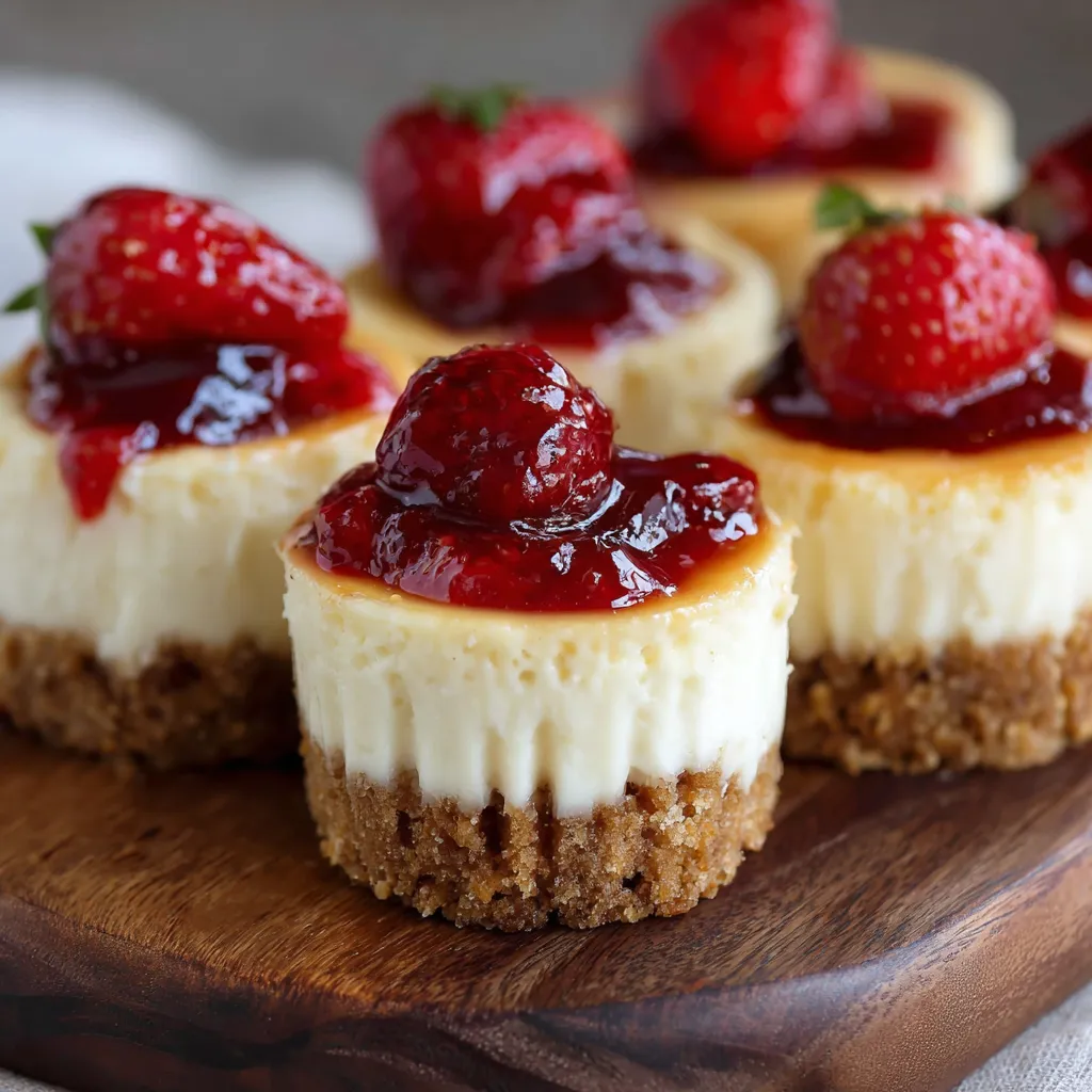 Mini cheesecakes with graham cracker crust and berry topping on a white plate