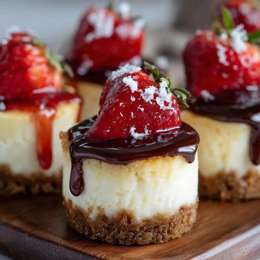 Mini cheesecakes with graham cracker crust and berry topping on a white plate