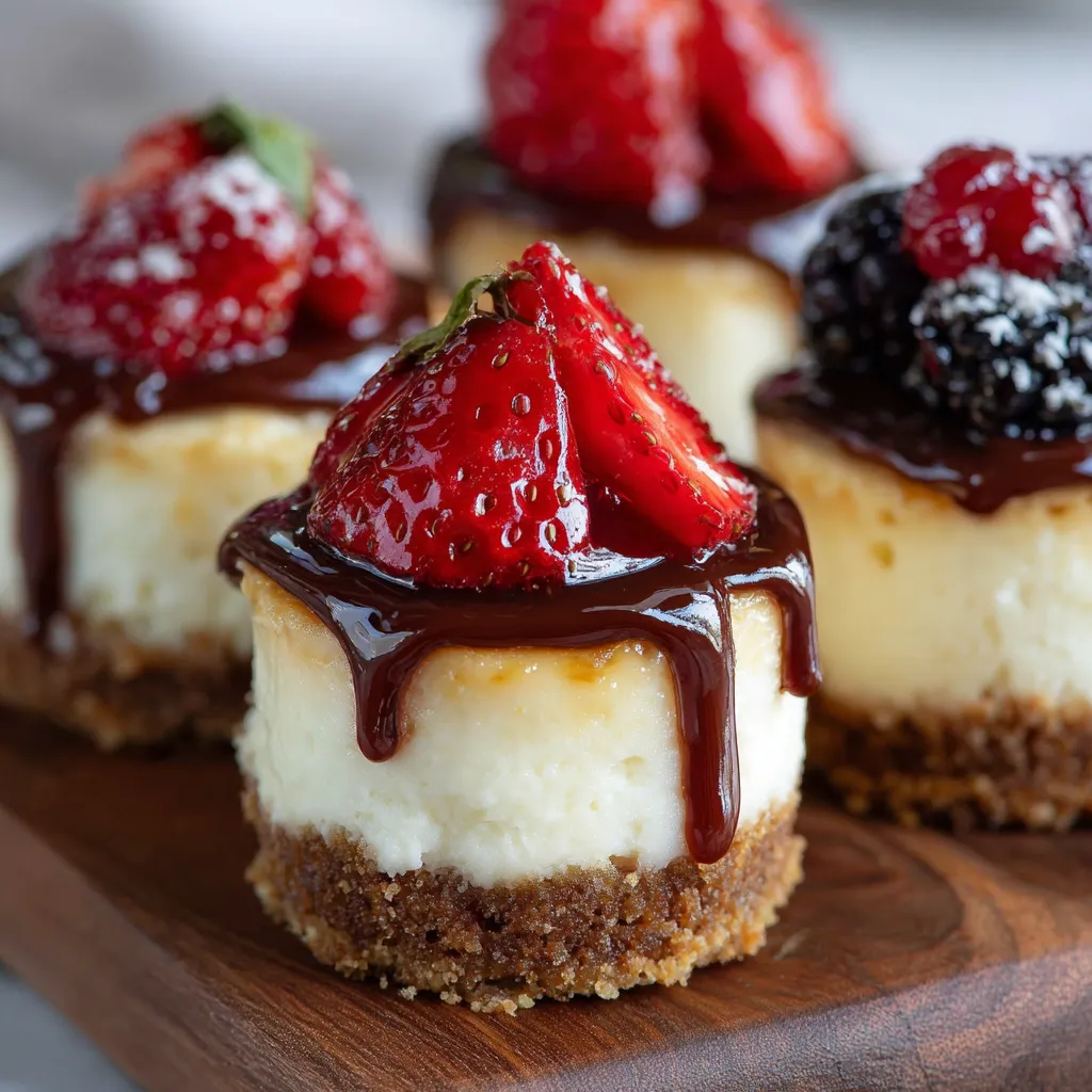 Mini cheesecakes with graham cracker crust and berry topping on a white plate