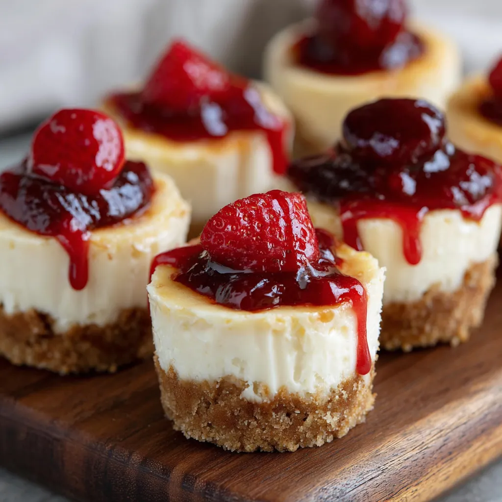 Mini cheesecakes with graham cracker crust and berry topping on a white plate