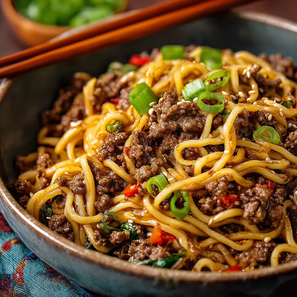 Bowl of Mongolian Ground Beef Noodles with scallions and sesame seeds on top
