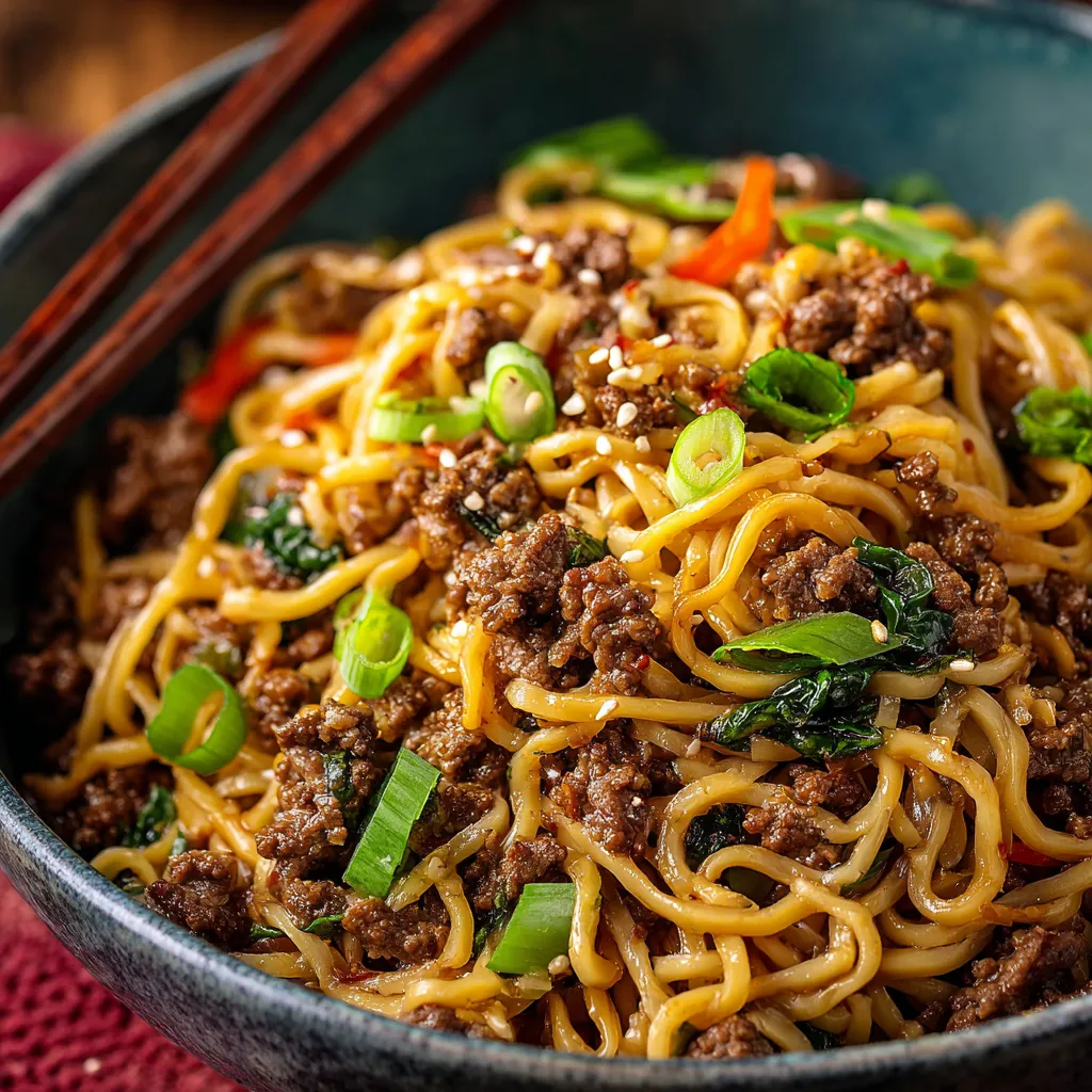 Bowl of Mongolian Ground Beef Noodles with scallions and sesame seeds on top