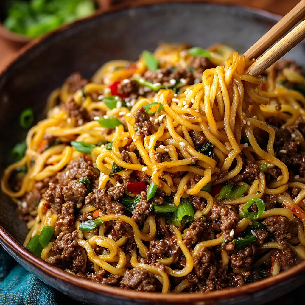 Bowl of Mongolian Ground Beef Noodles with scallions and sesame seeds on top