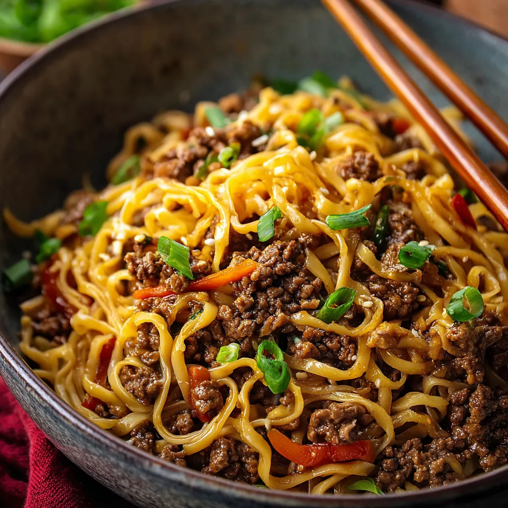 Bowl of Mongolian Ground Beef Noodles with scallions and sesame seeds on top