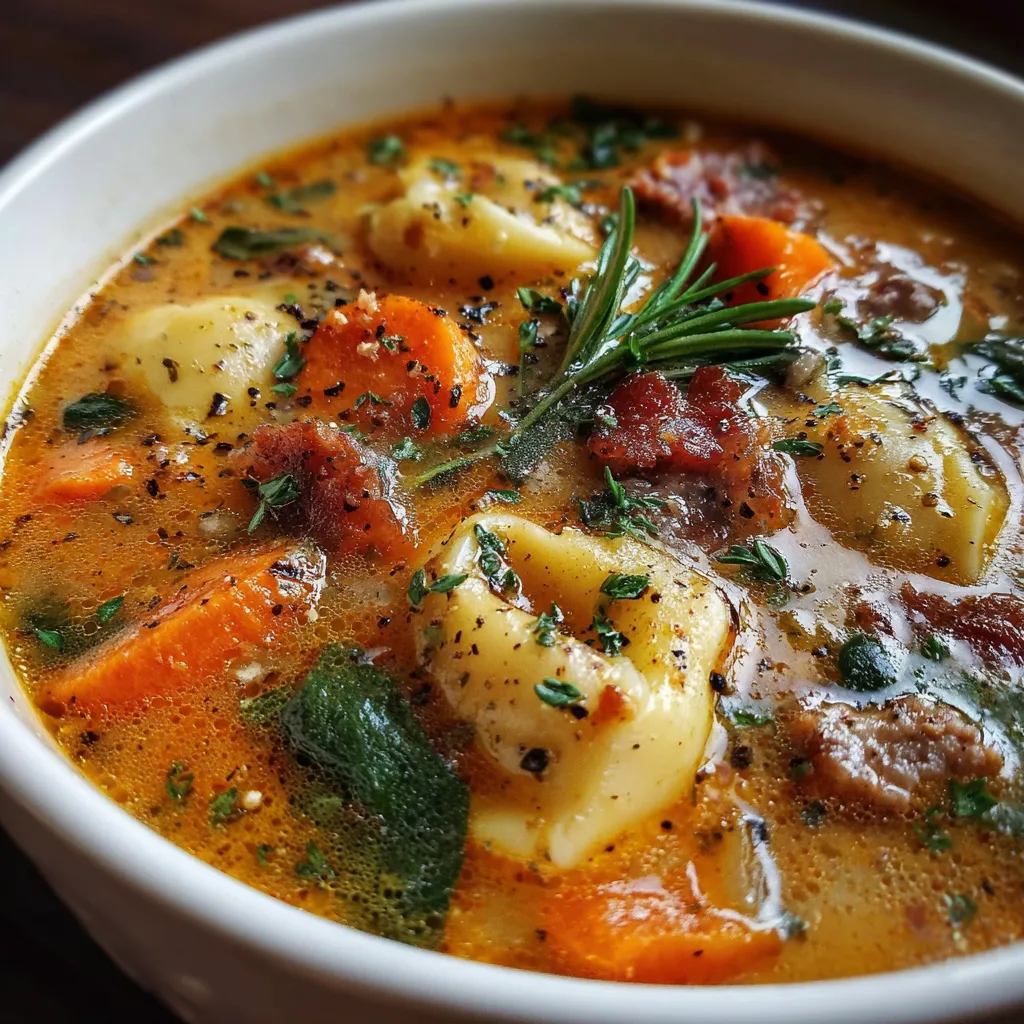 Bowl of My Most Requested Soup with sausage, vegetables, and pasta topped with Parmesan cheese