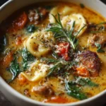 Bowl of My Most Requested Soup with sausage, vegetables, and pasta topped with Parmesan cheese