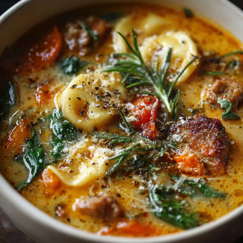 Bowl of My Most Requested Soup with sausage, vegetables, and pasta topped with Parmesan cheese