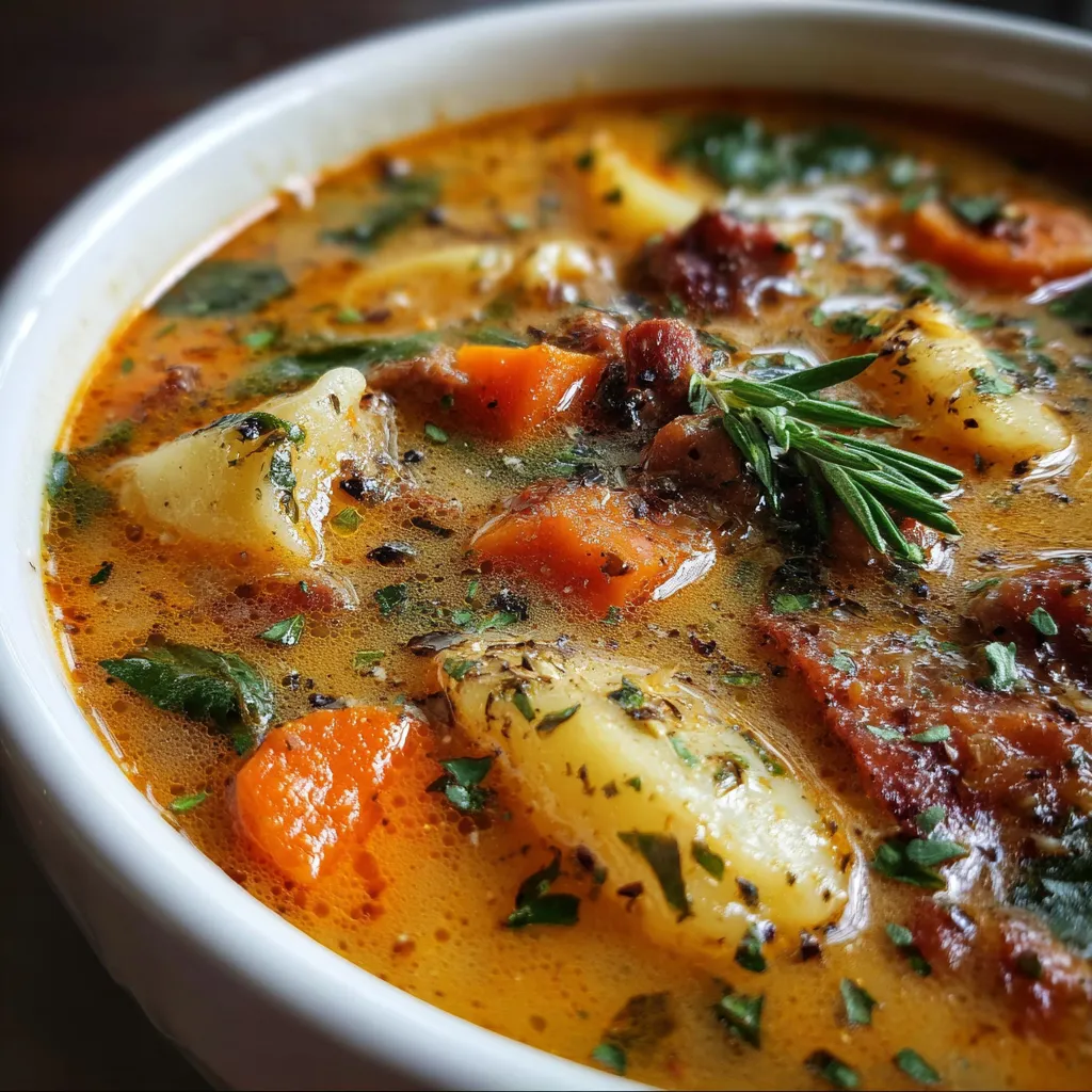 Bowl of My Most Requested Soup with sausage, vegetables, and pasta topped with Parmesan cheese