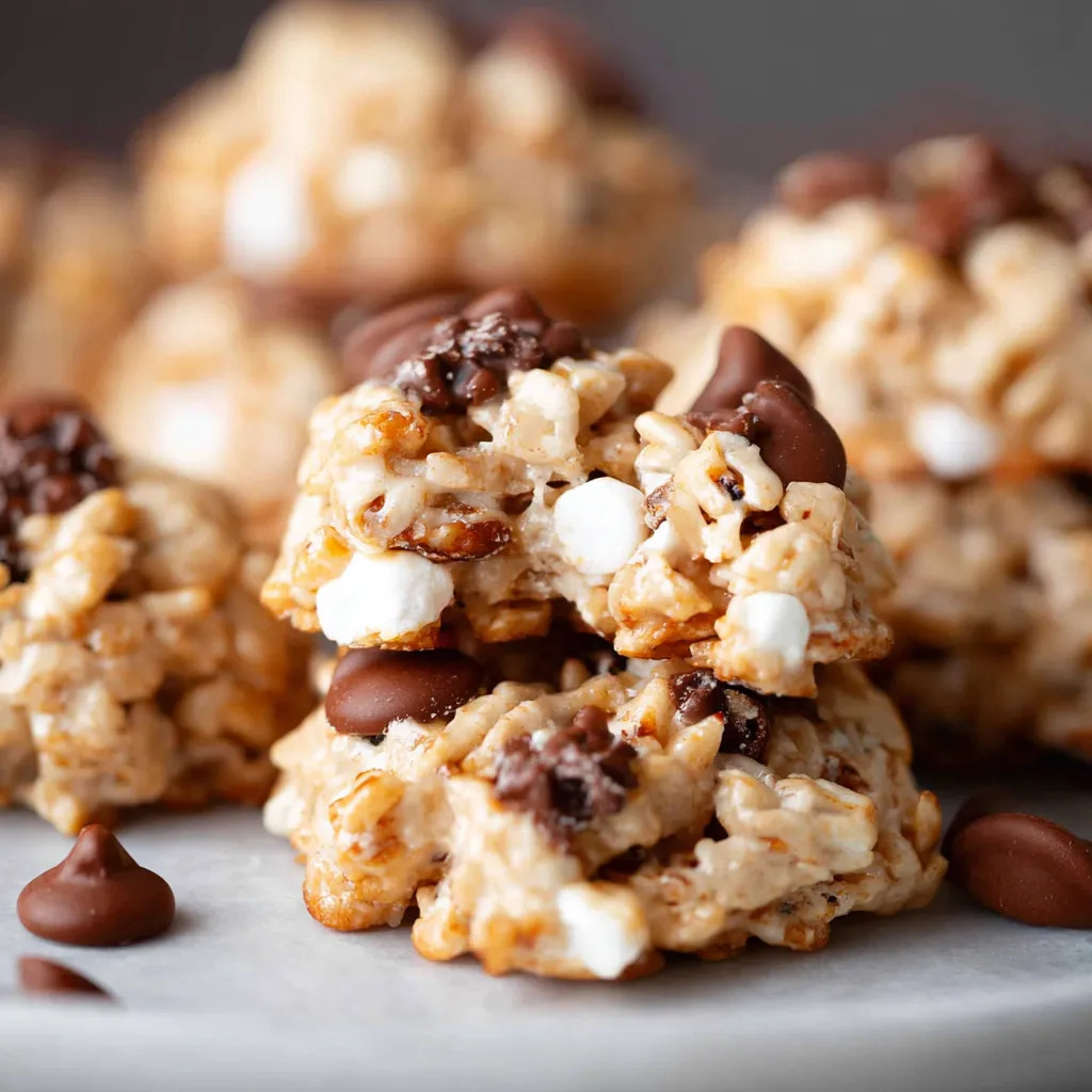 A batch of no-bake avalanche cookies with white chocolate and mini chocolate chips on parchment paper.