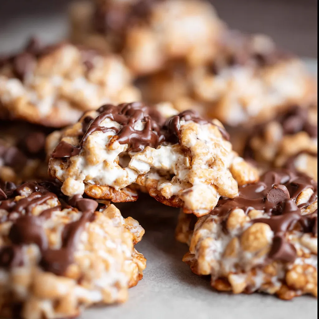 A batch of no-bake avalanche cookies with white chocolate and mini chocolate chips on parchment paper.