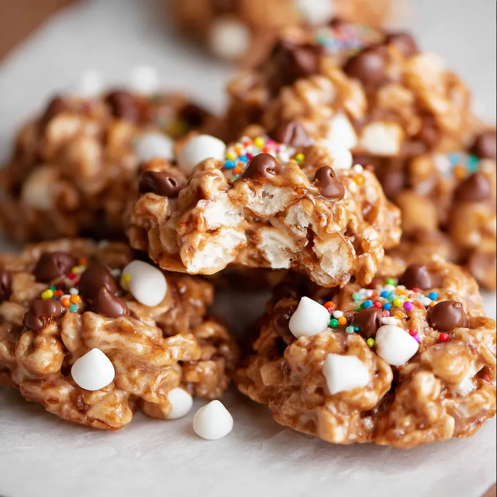 A batch of no-bake avalanche cookies with white chocolate and mini chocolate chips on parchment paper.