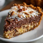 Slice of No-Bake German Chocolate Pie topped with coconut pecan frosting