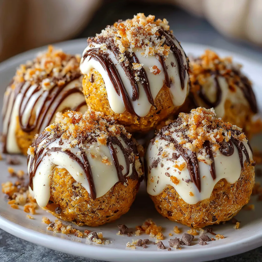 Creamy no-bake pumpkin cheesecake balls coated in chocolate and garnished with nuts on a festive fall tray.