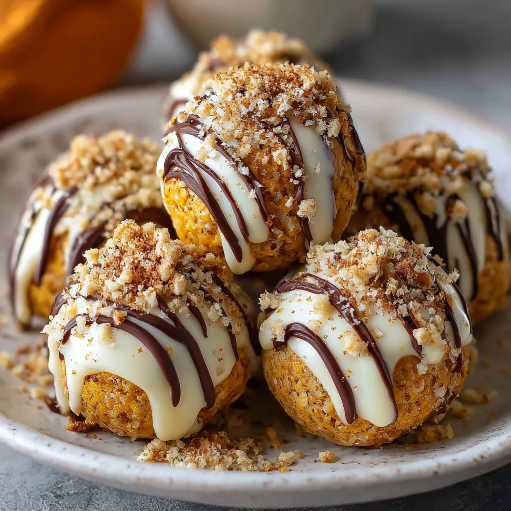 Creamy no-bake pumpkin cheesecake balls coated in chocolate and garnished with nuts on a festive fall tray.