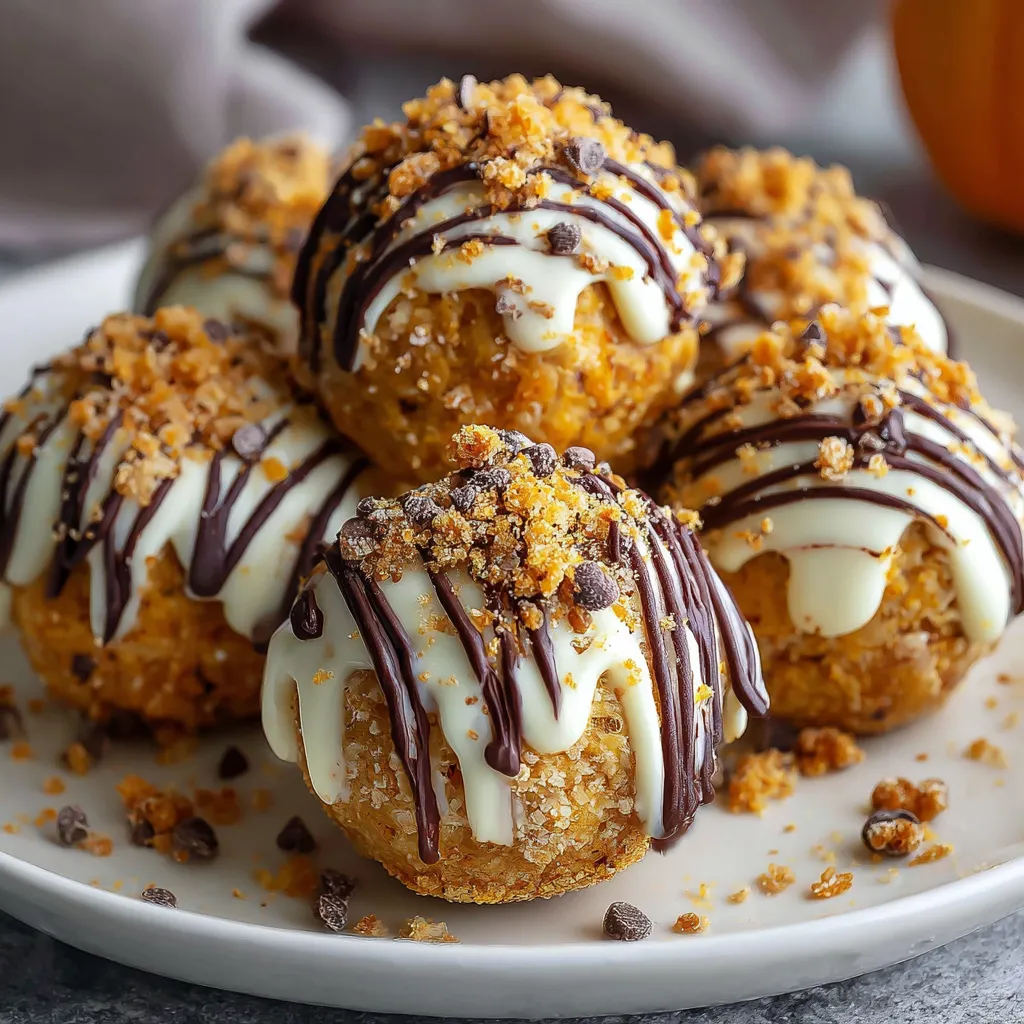 Creamy no-bake pumpkin cheesecake balls coated in chocolate and garnished with nuts on a festive fall tray.