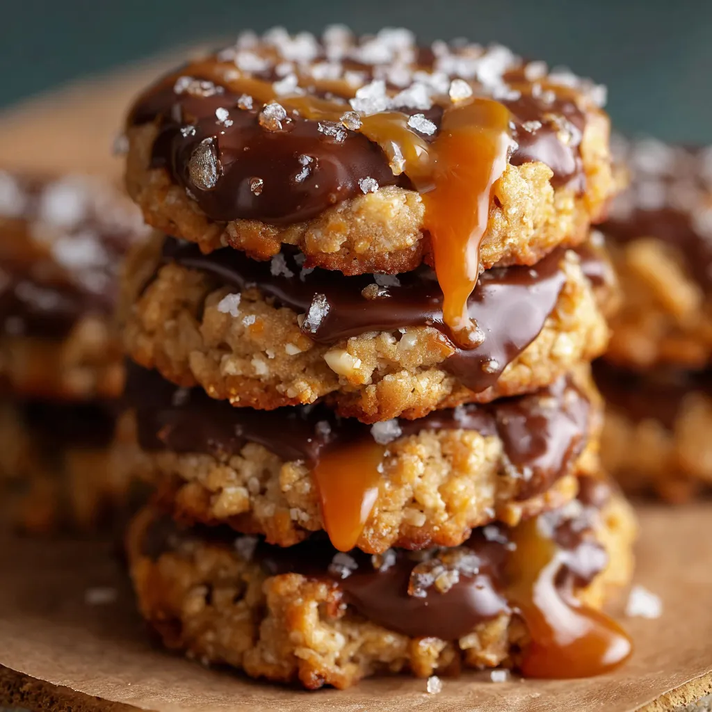 A batch of chewy no bake salted caramel cookies topped with flaky sea salt and a caramel drizzle on parchment paper.
