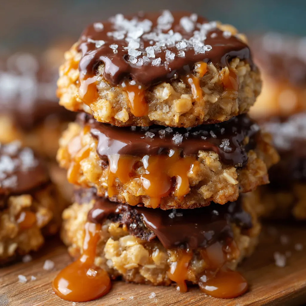 A batch of chewy no bake salted caramel cookies topped with flaky sea salt and a caramel drizzle on parchment paper.