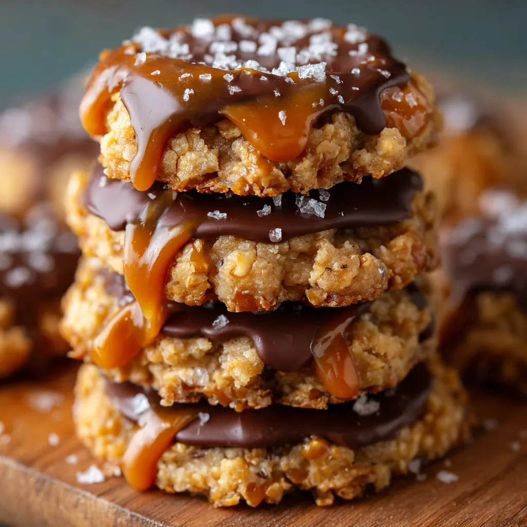 A batch of chewy no bake salted caramel cookies topped with flaky sea salt and a caramel drizzle on parchment paper.