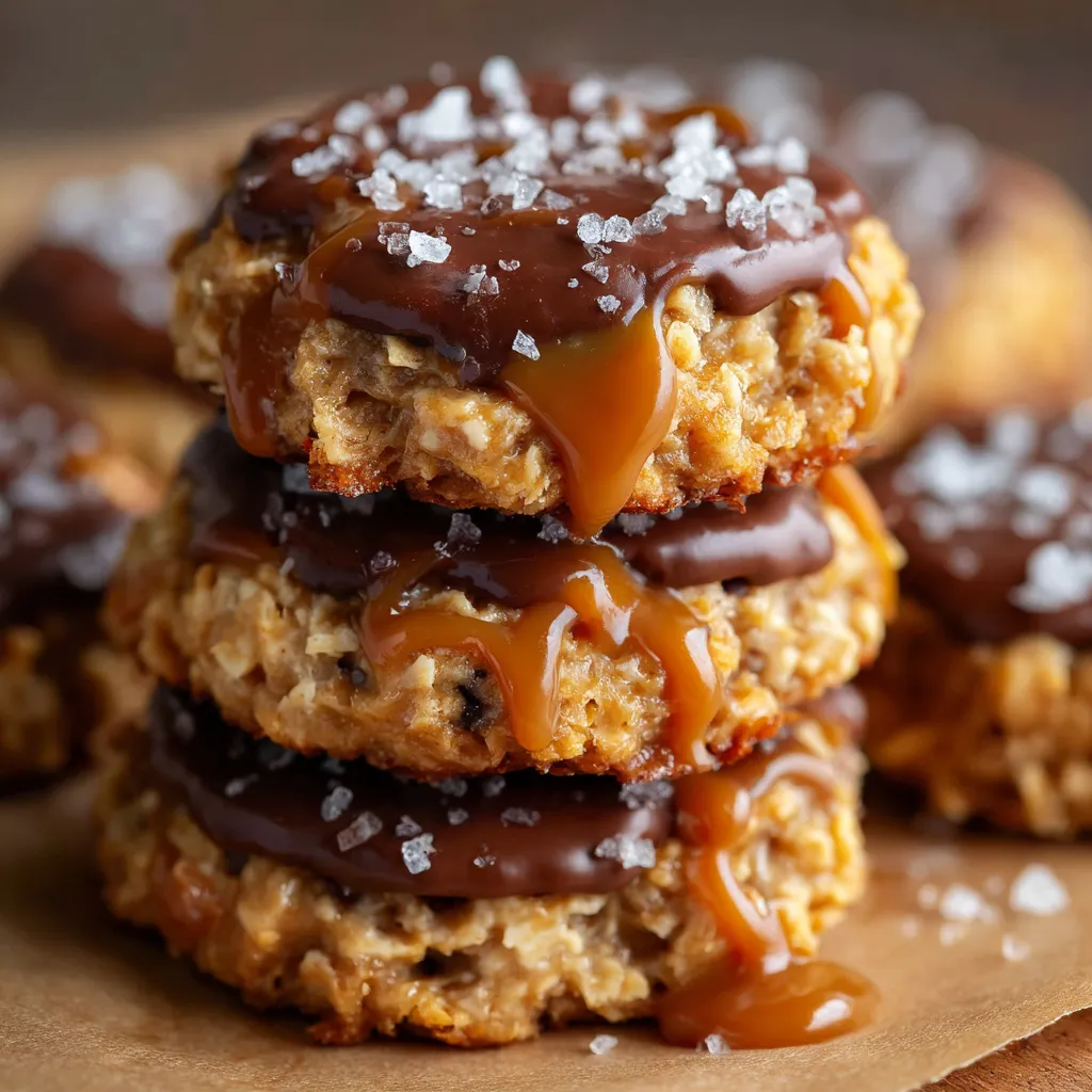 A batch of chewy no bake salted caramel cookies topped with flaky sea salt and a caramel drizzle on parchment paper.