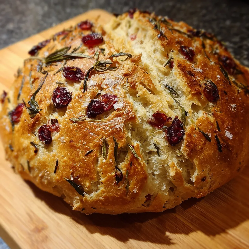 Crusty no-knead rosemary cranberry bread brushed with olive oil and topped with flaky sea salt