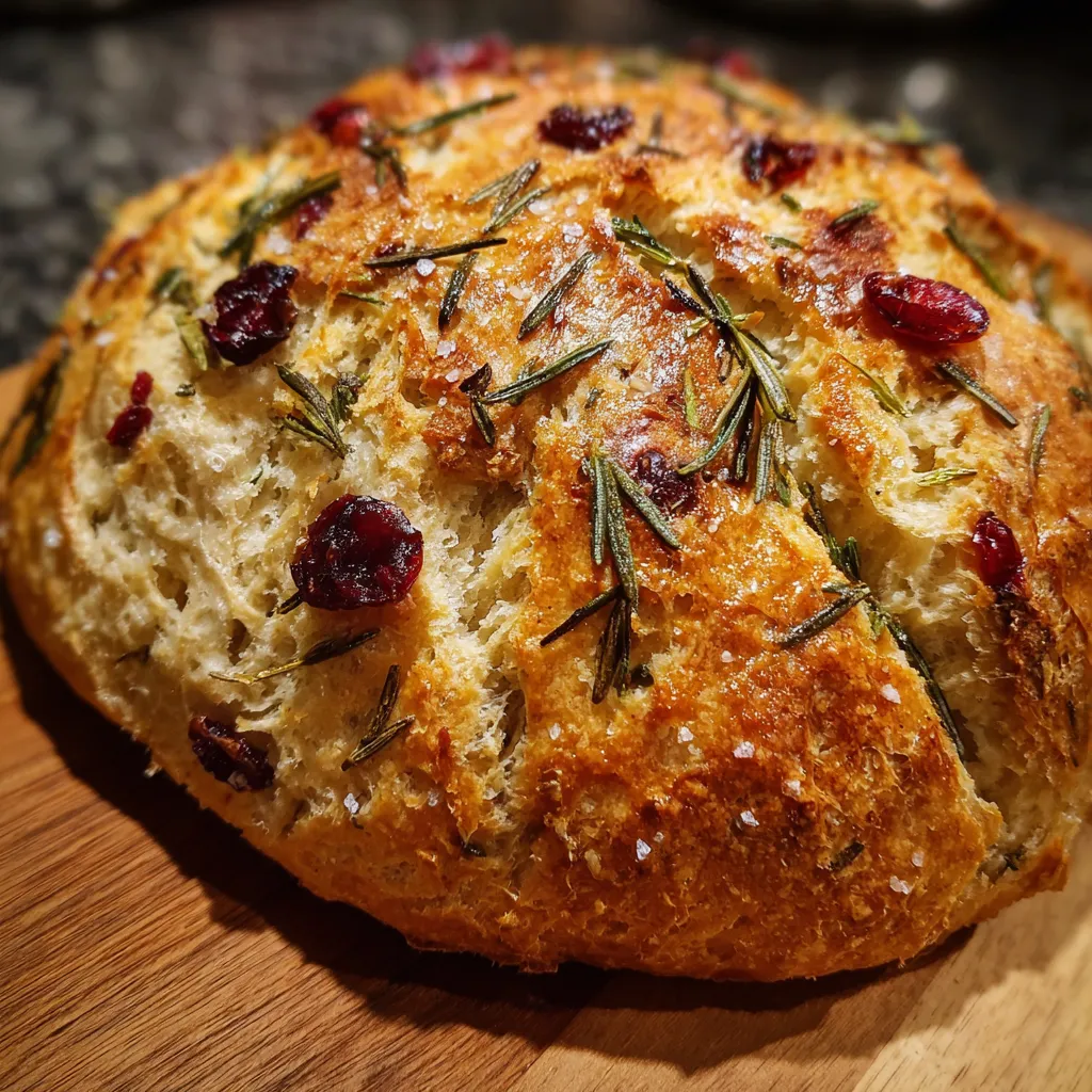 Crusty no-knead rosemary cranberry bread brushed with olive oil and topped with flaky sea salt
