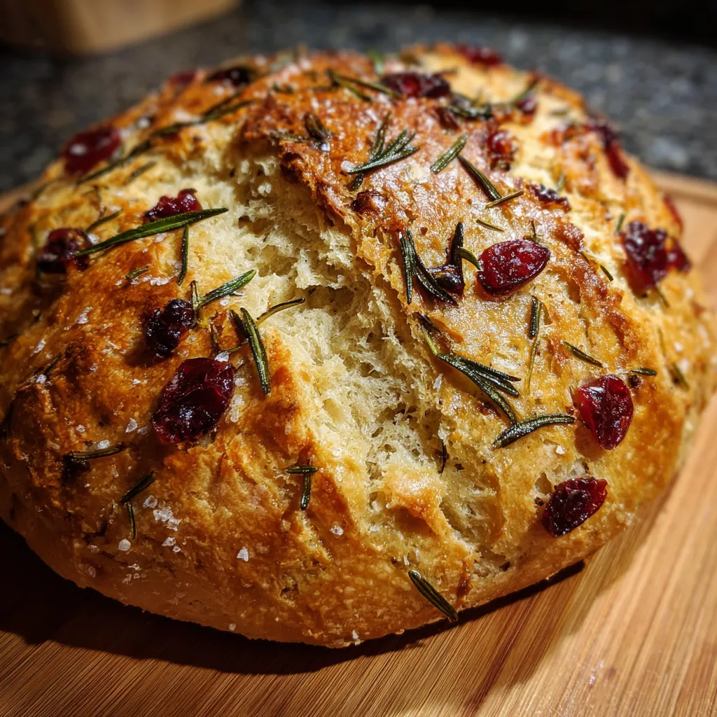 Crusty no-knead rosemary cranberry bread brushed with olive oil and topped with flaky sea salt