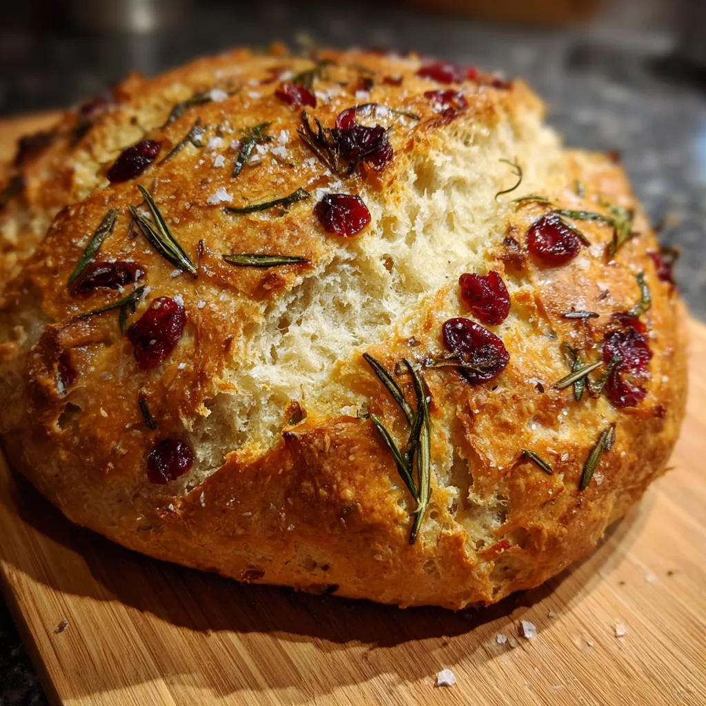 Crusty no-knead rosemary cranberry bread brushed with olive oil and topped with flaky sea salt