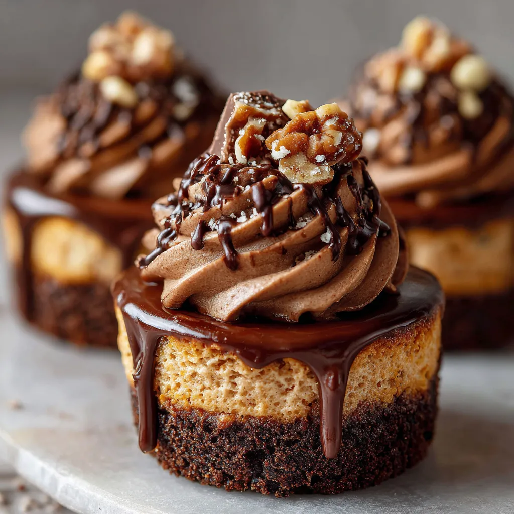 Close-up of Nutella Cheesecake Cupcakes topped with whipped cream and hazelnut drizzle.