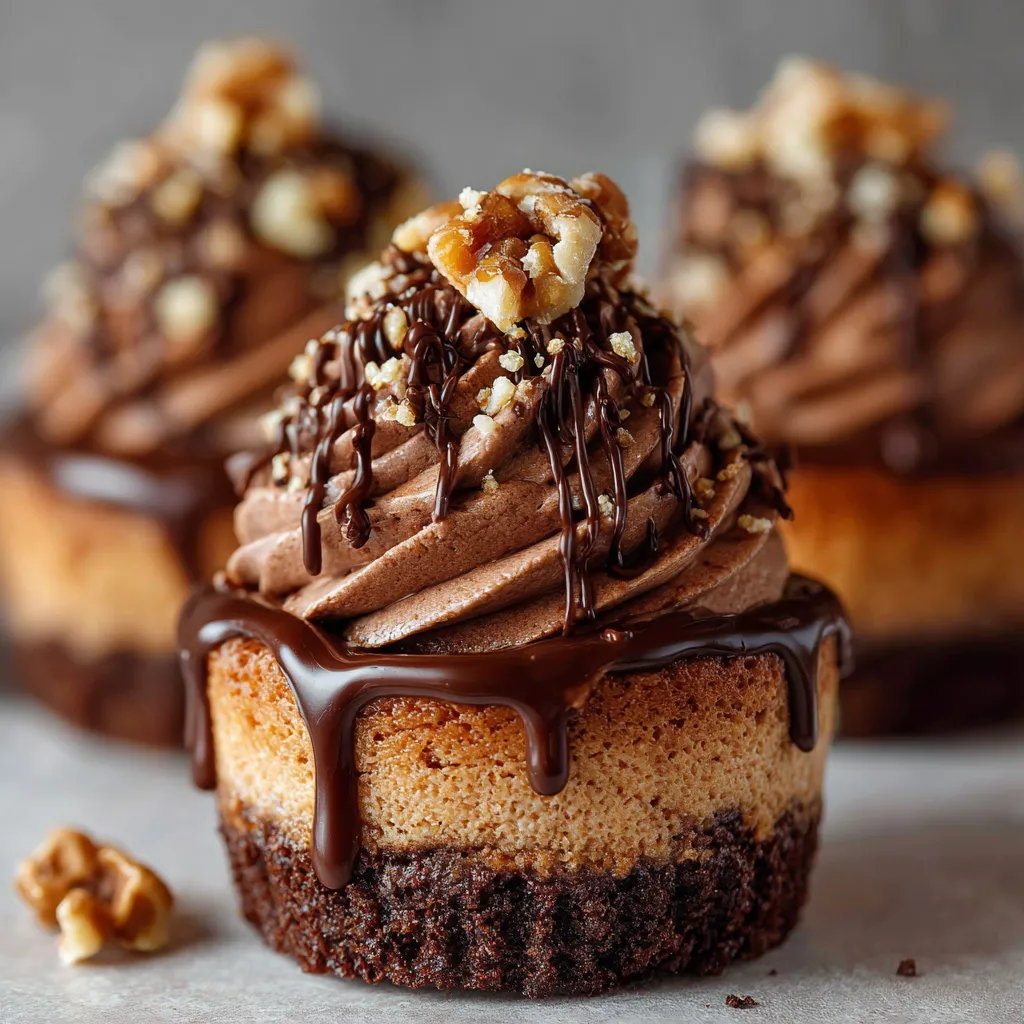 Close-up of Nutella Cheesecake Cupcakes topped with whipped cream and hazelnut drizzle.