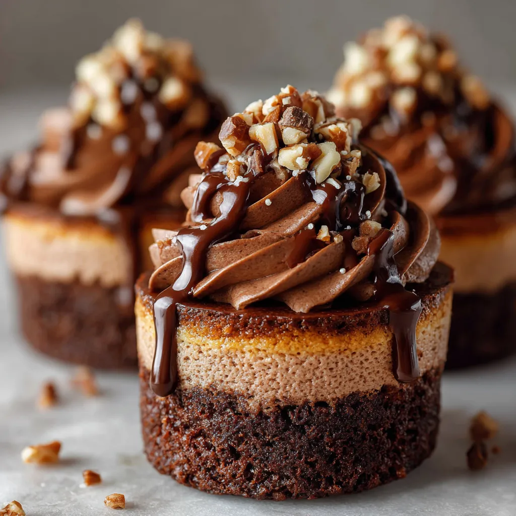 Close-up of Nutella Cheesecake Cupcakes topped with whipped cream and hazelnut drizzle.