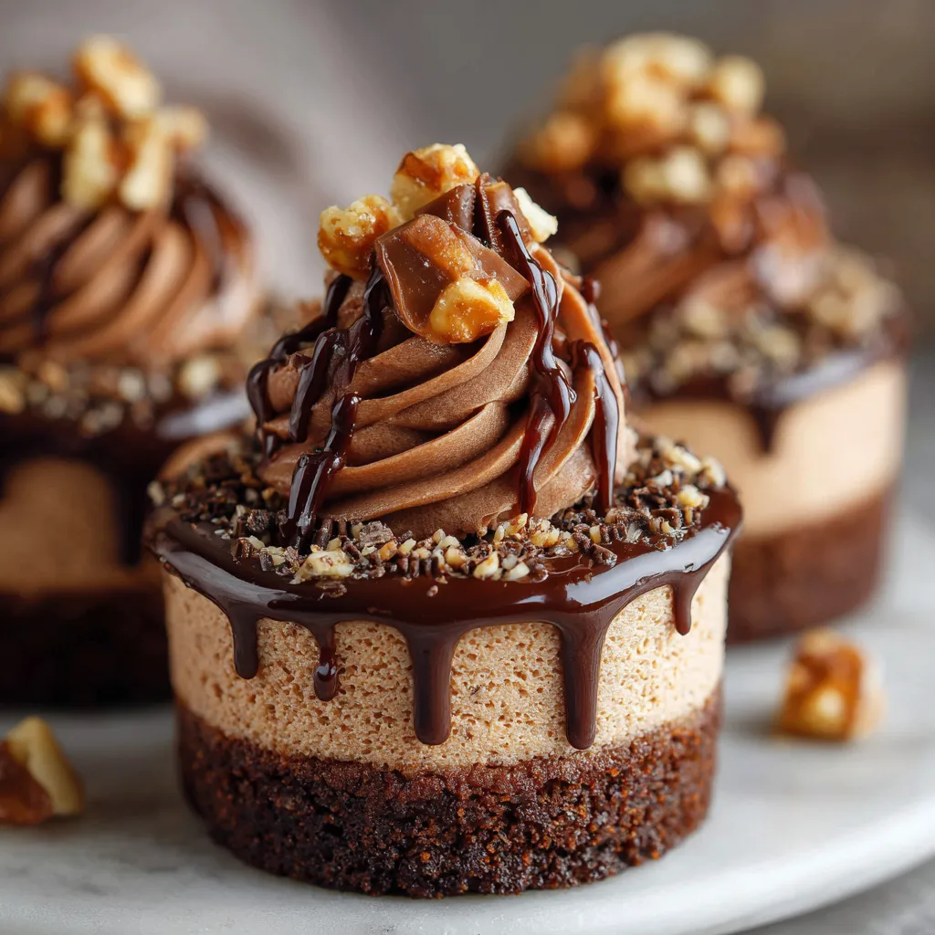 Close-up of Nutella Cheesecake Cupcakes topped with whipped cream and hazelnut drizzle.
