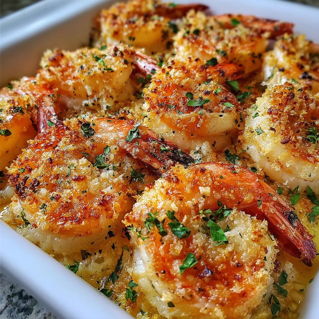 Oven-baked shrimp topped with Parmesan cheese and breadcrumbs on a baking sheet