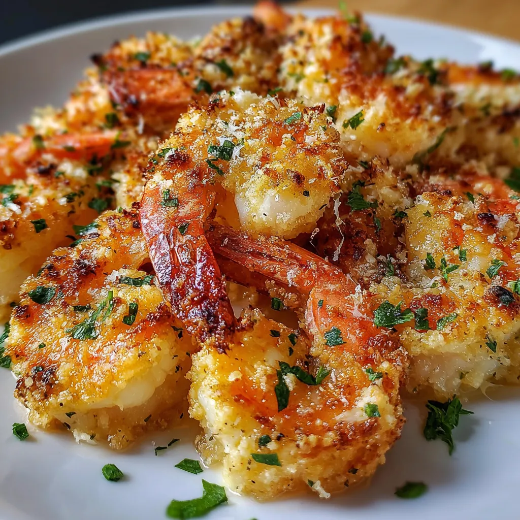 Oven-baked shrimp topped with Parmesan cheese and breadcrumbs on a baking sheet