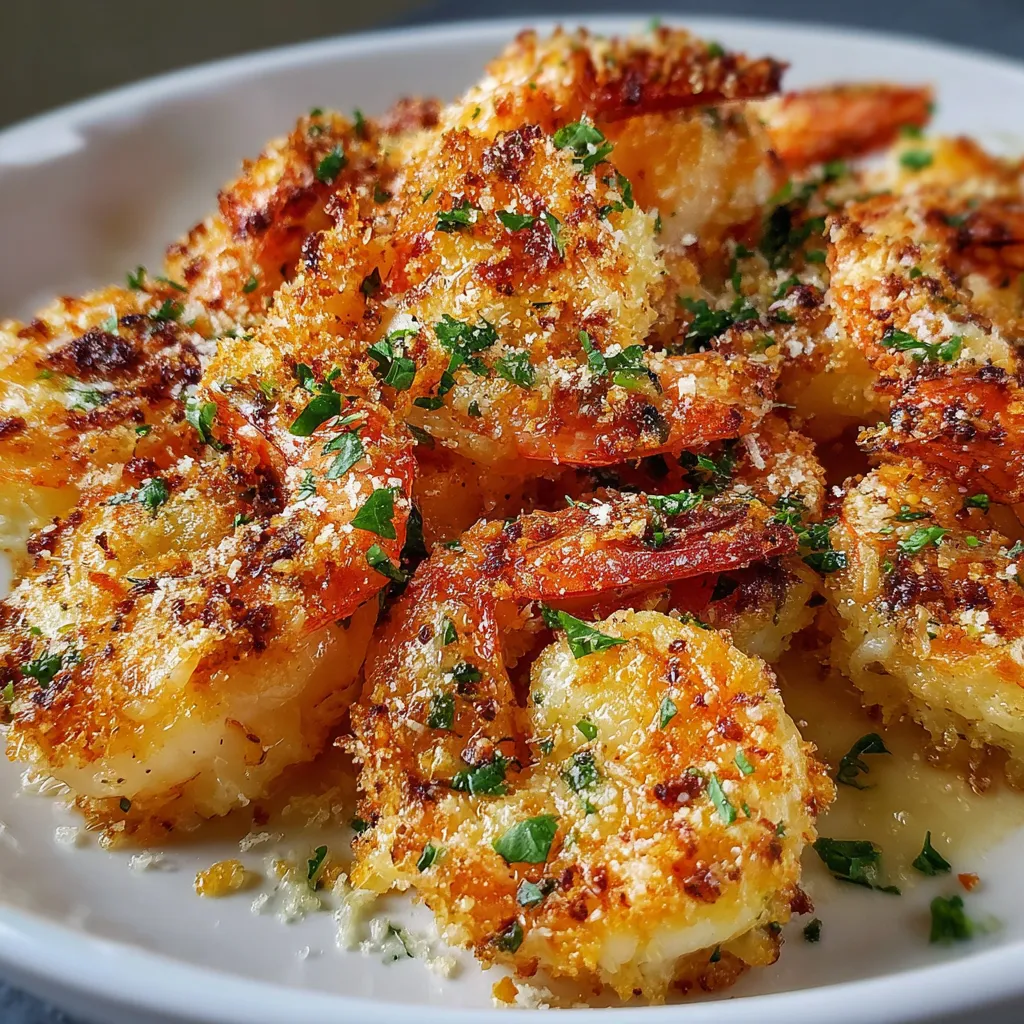 Oven-baked shrimp topped with Parmesan cheese and breadcrumbs on a baking sheet