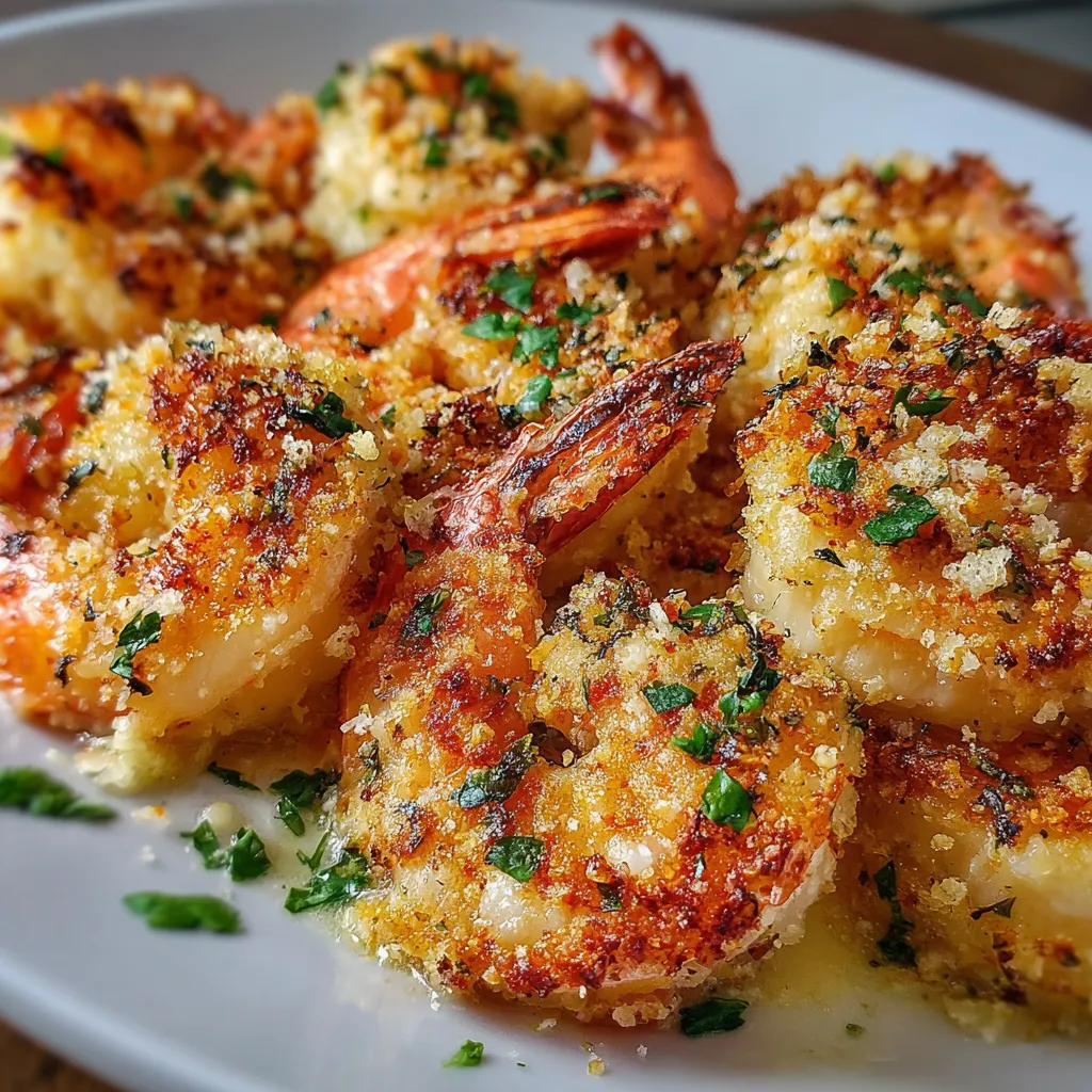 Oven-baked shrimp topped with Parmesan cheese and breadcrumbs on a baking sheet